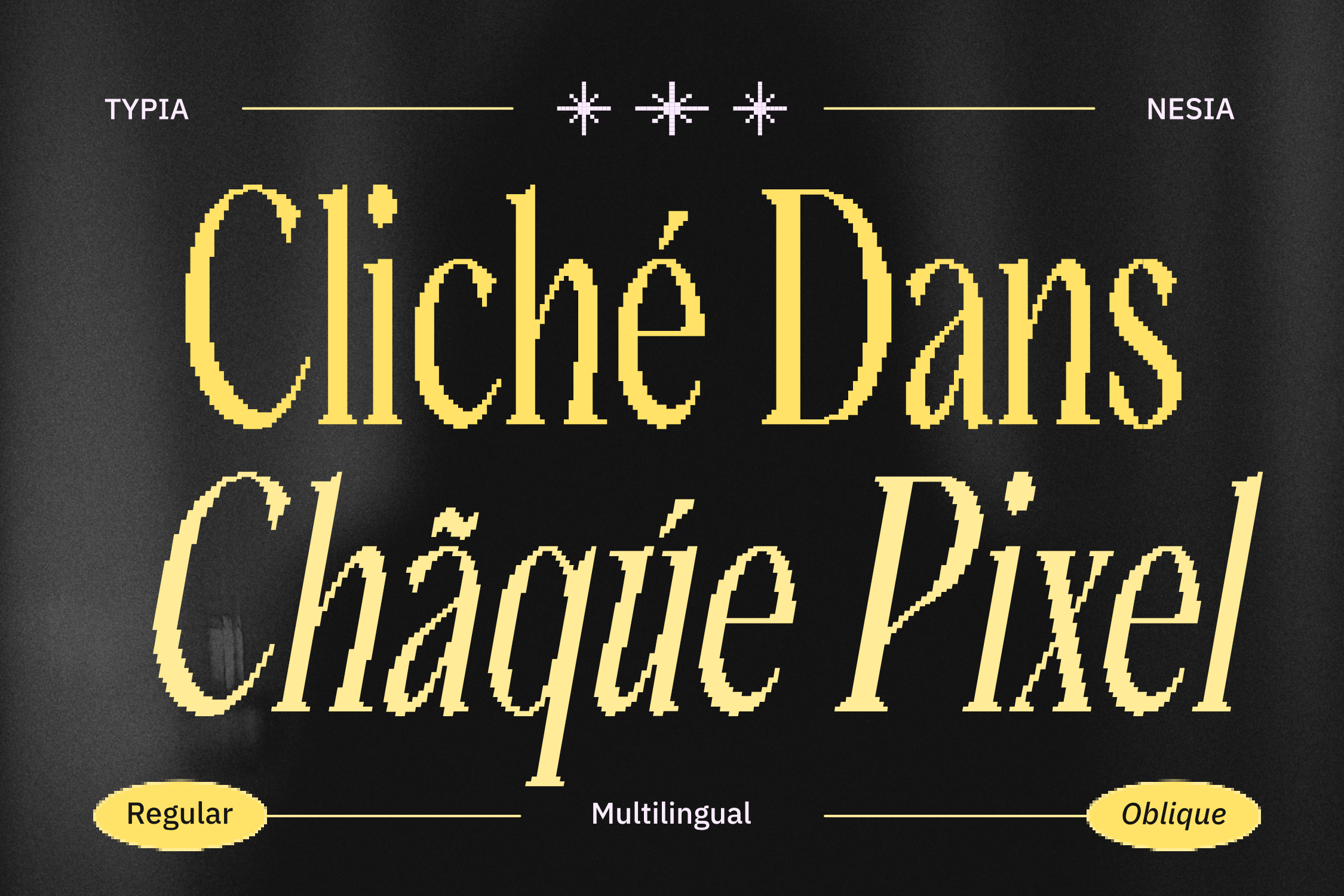 Cliché Dams font family showing yellow serif typeface in regular plus oblique styles on dark background