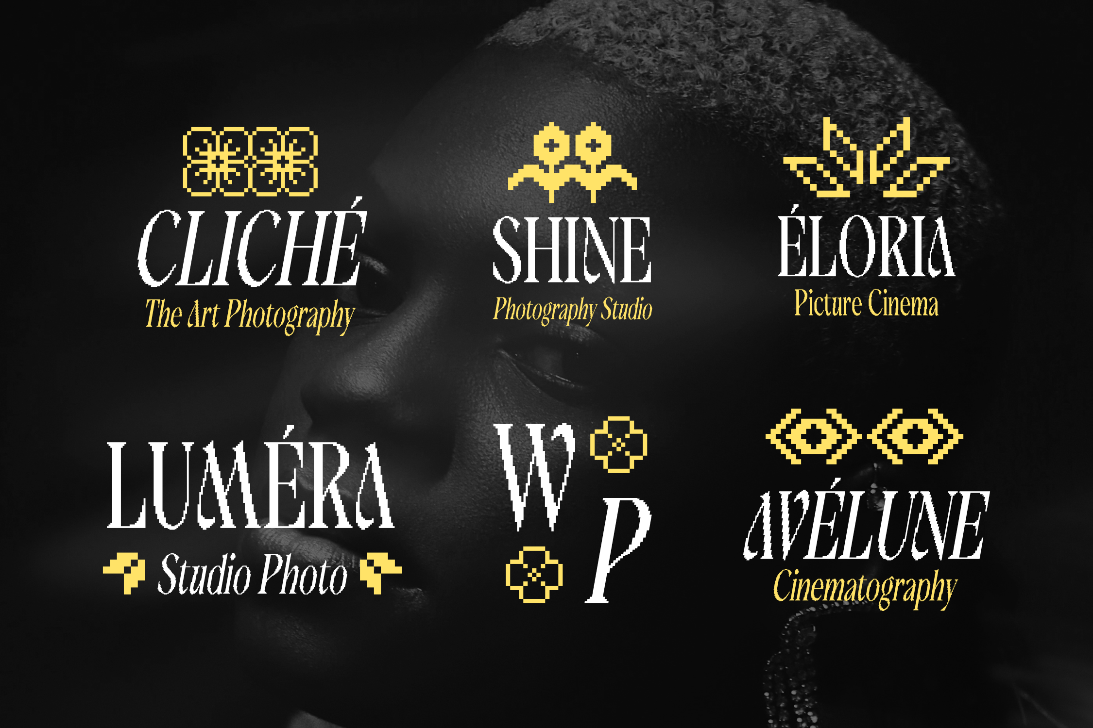 Six luxury photography studio logos with pixel art icons, gold accents, serif typography on dark background