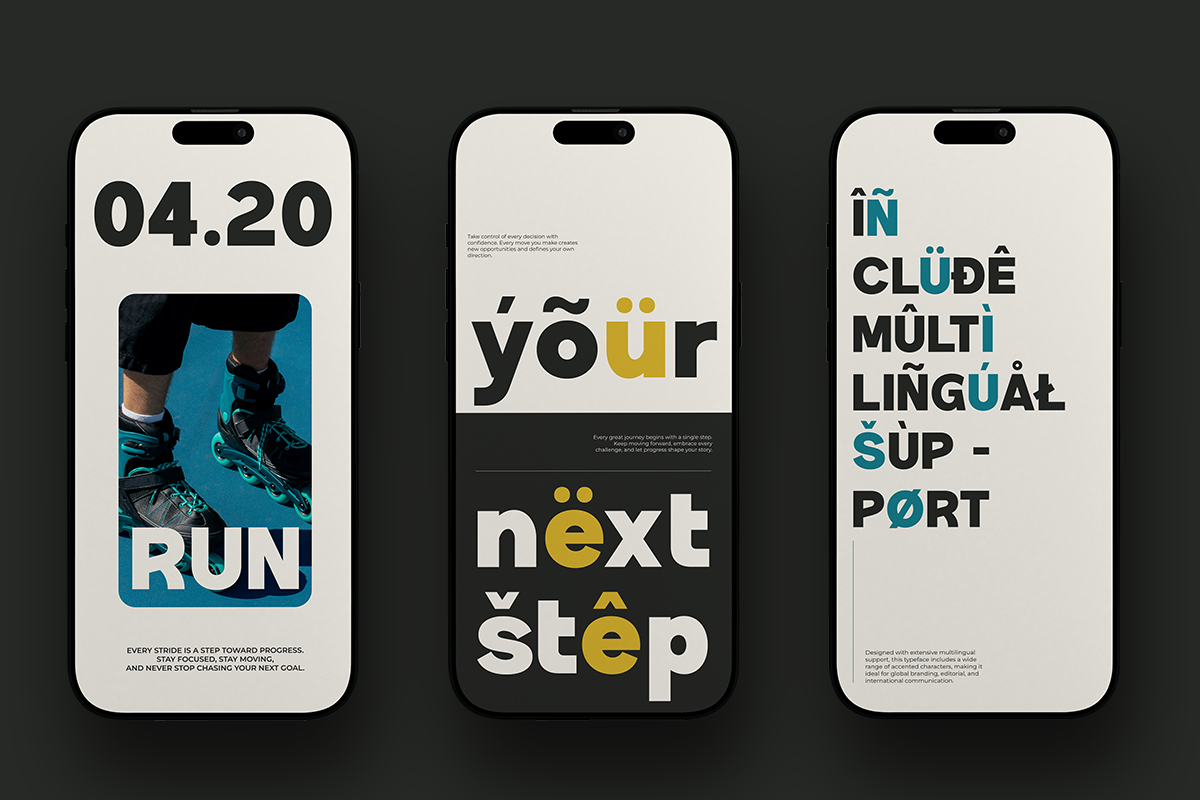 Three iPhone mockups showing bold typography designs with blue, yellow, teal accents on cream backgrounds