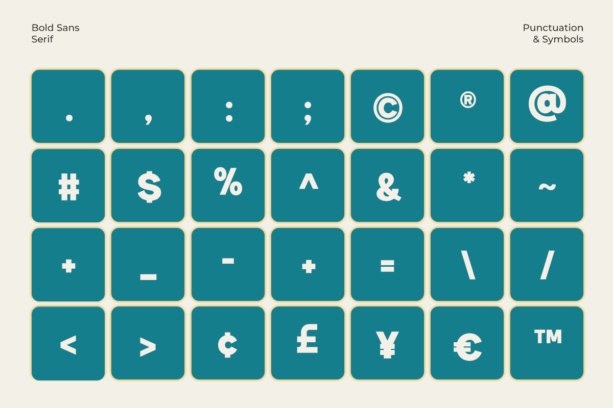 Grid of punctuation symbols, currency signs, math operators in teal rounded squares