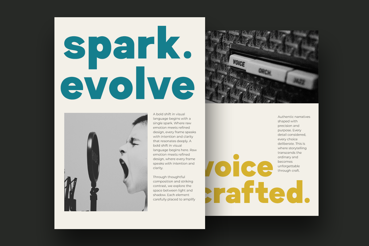 Spark Evolve brand guide spreads showing teal typography, black white photography, gold accents