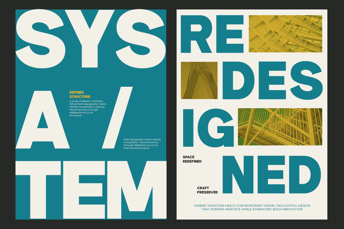Redesigned typography poster with teal, cream, plus architectural photography grid layout