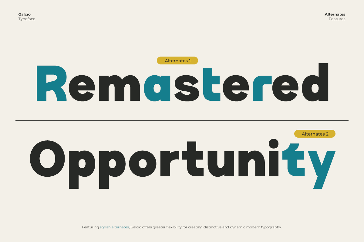 Galcio typeface showing bold mixed weight letters in teal with alternates displayed