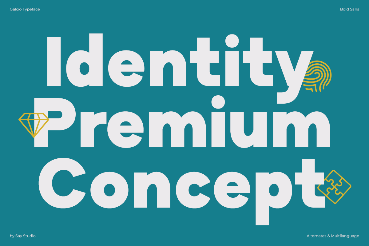 Bold sans serif typography displaying "Identity Premium Concept" with gold icon accents on teal background