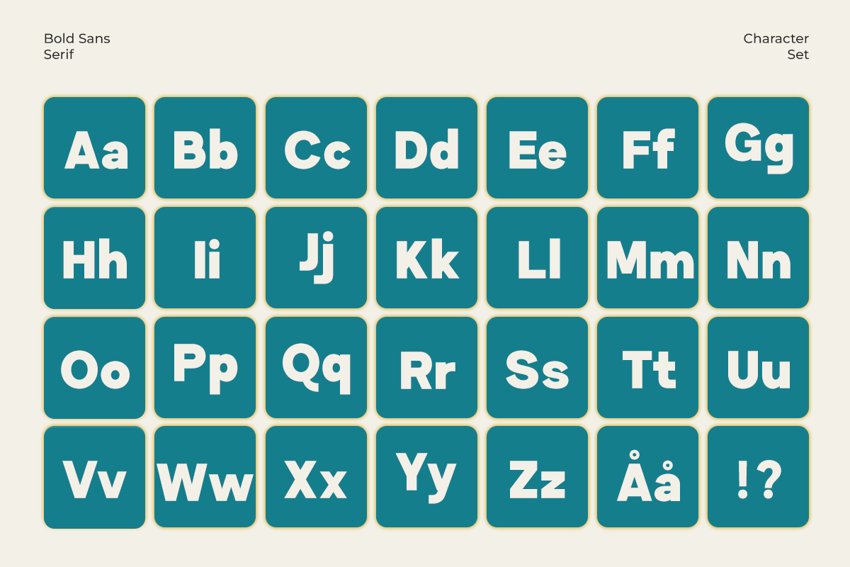 Bold sans serif font with full character set displayed in teal rounded squares
