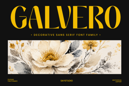 Galvero bold sans serif font in gold with watercolor florals below on black background