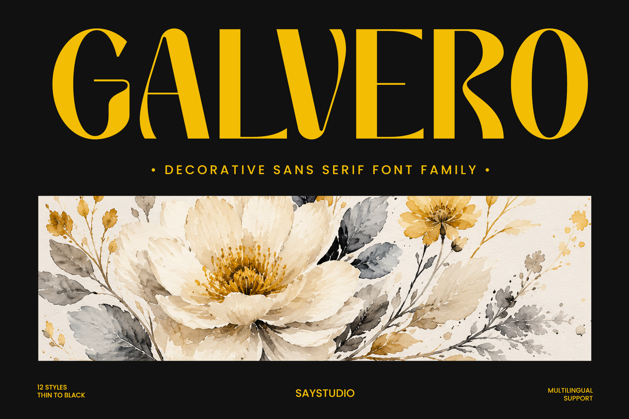 Galvero bold sans serif font in gold with watercolor florals below on black background