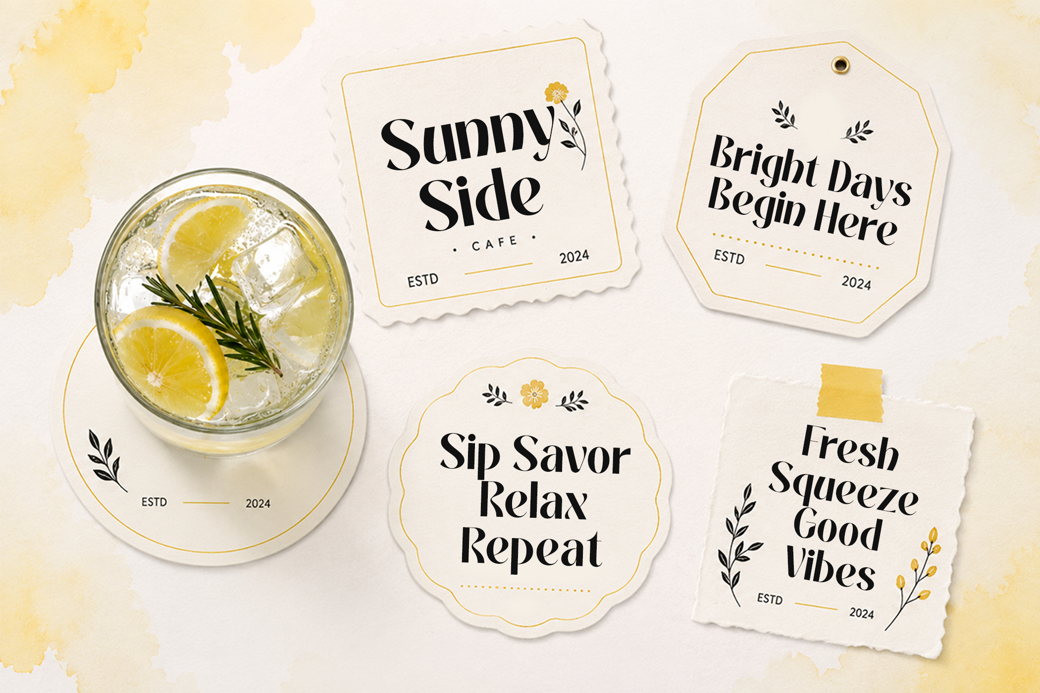 Cafe label mockup with lemon drink, yellow watercolor background, botanical designs