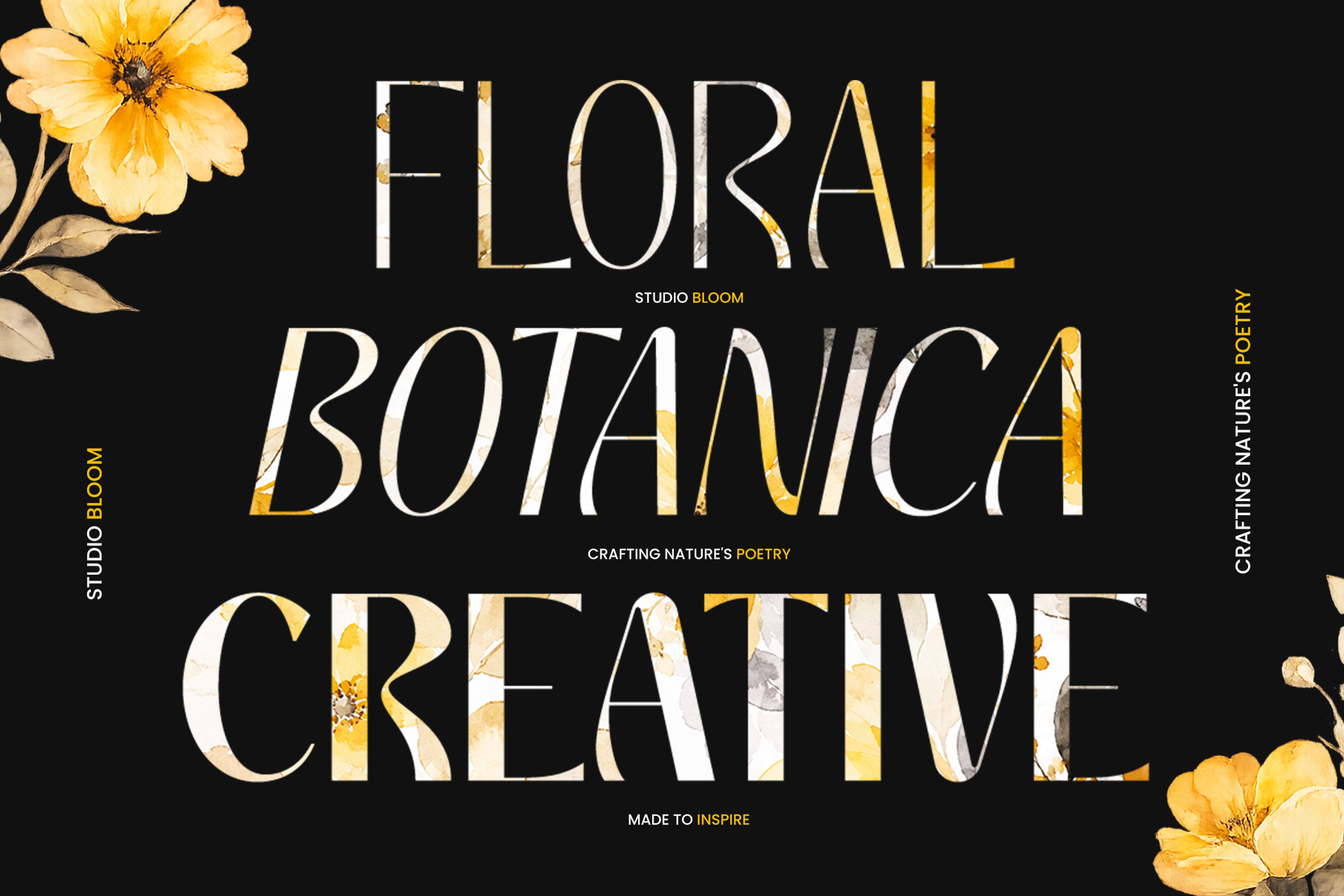 Elegant serif font with yellow flowers peeking through letters on black background
