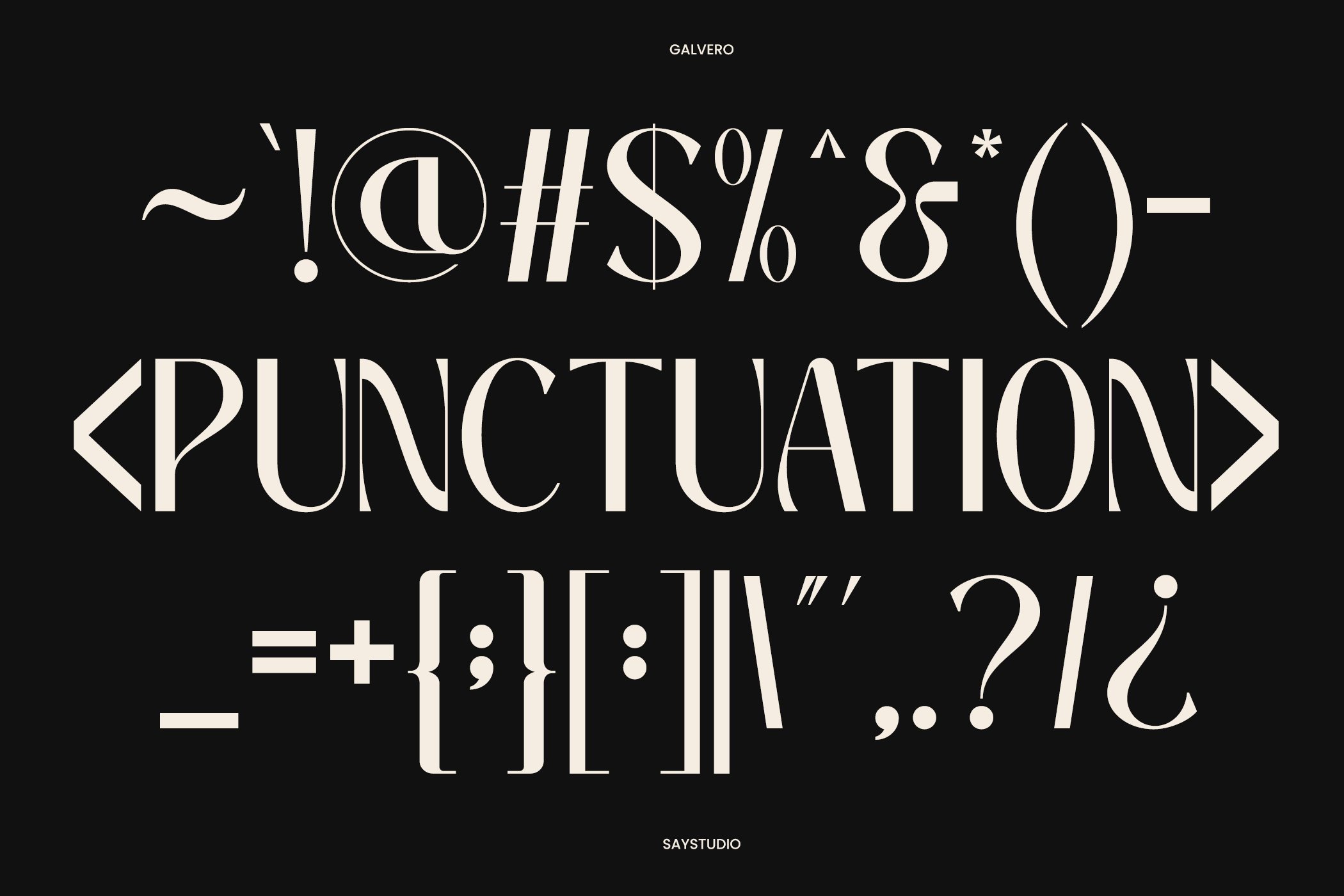Galvero serif font displaying all punctuation marks in cream on black background