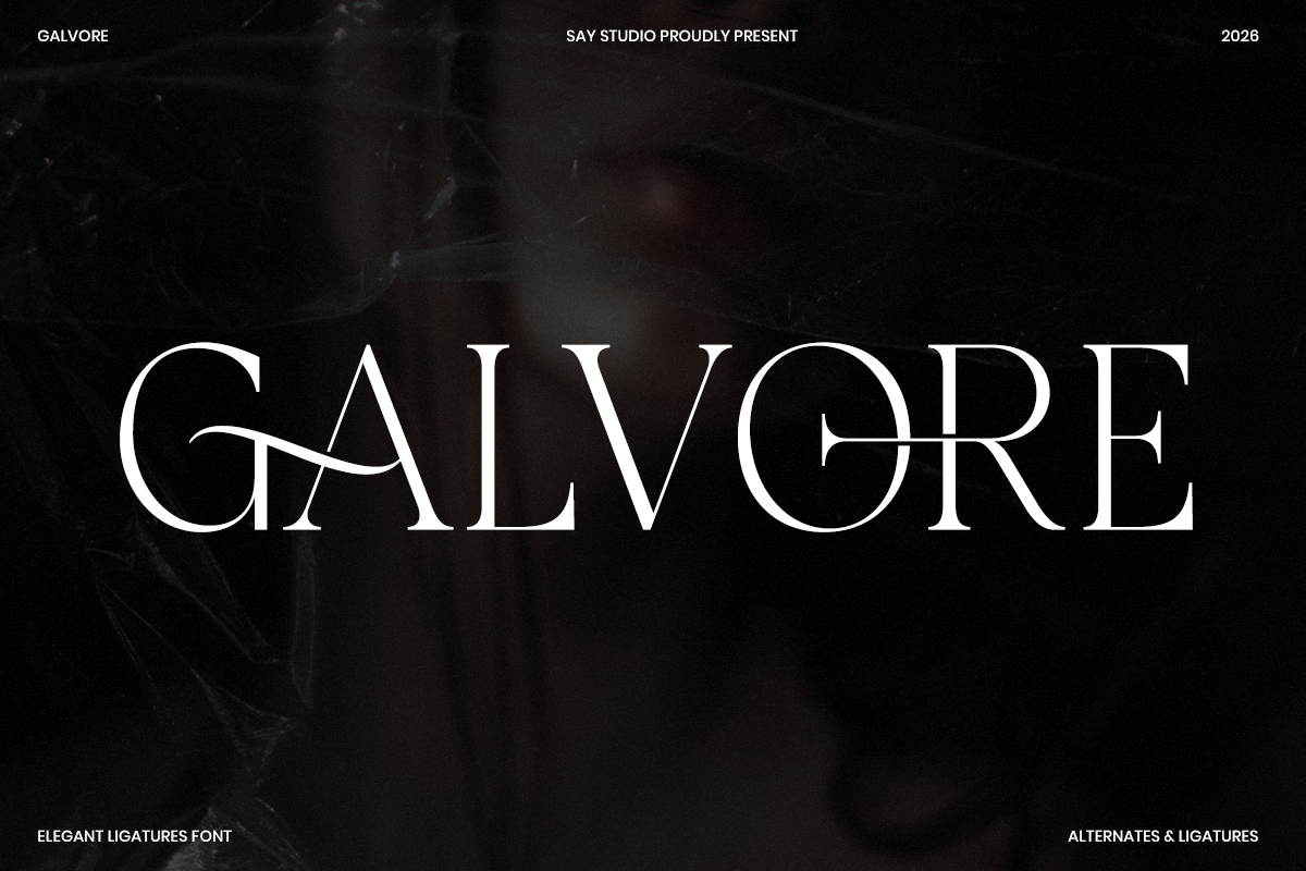 Galvore serif font with elegant ligatures on dark textured background by Say Studio