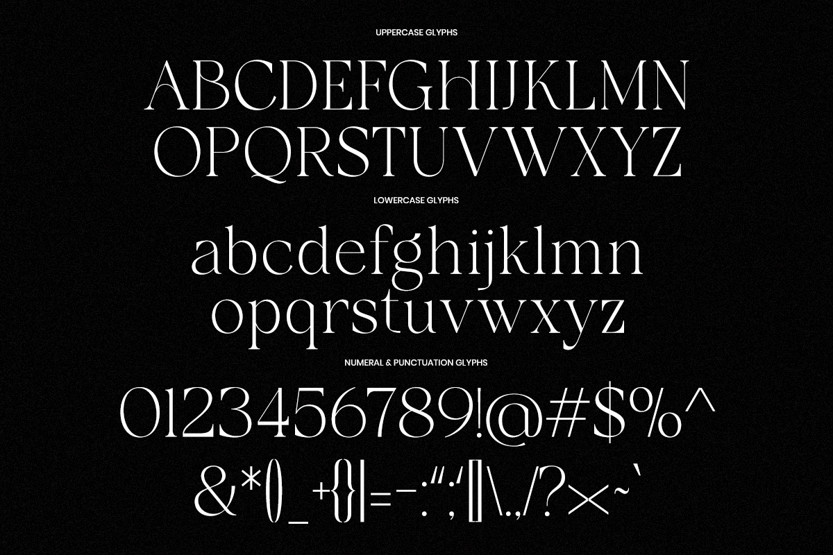 Elegant serif font specimen showing uppercase, lowercase, numbers with punctuation on black background
