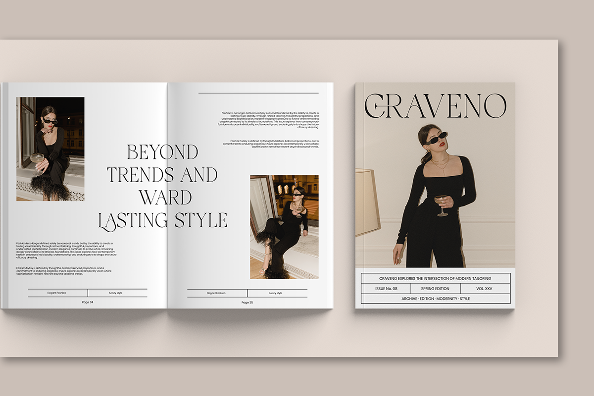Elegant fashion magazine spread mockup with minimalist layout, serif typography, model photos in black outfit, beige tones throughout