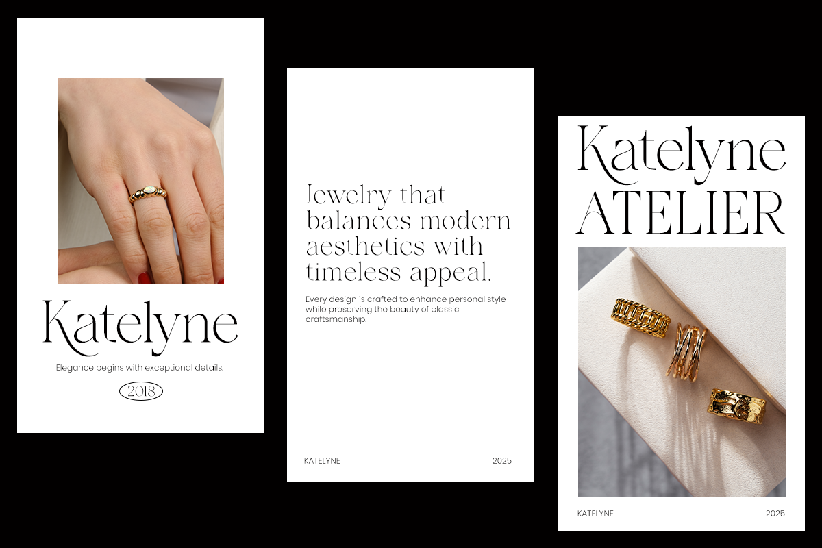 Katelyne jewelry brand mockups showing rings on hands with elegant serif typography layouts