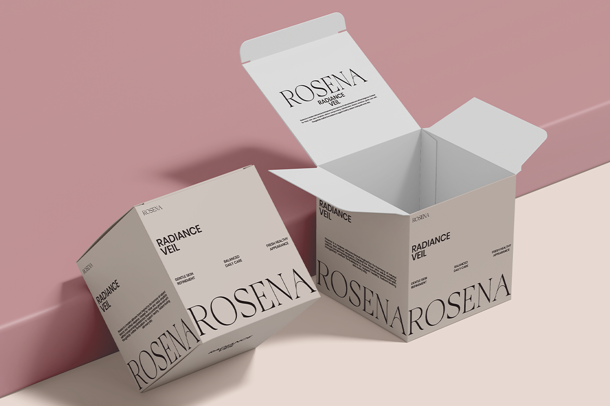 Rosena Radiance Veil skincare product boxes in white, open box showing interior packaging mockup