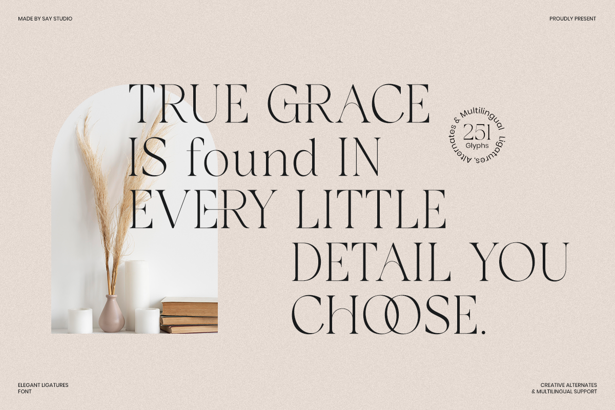Elegant serif font specimen with inspirational quote, minimalist styled vase with dried grass