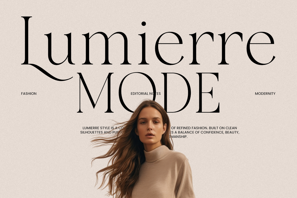 Minimalist fashion magazine cover mockup with serif typography, model in neutral turtleneck, editorial layout on beige background