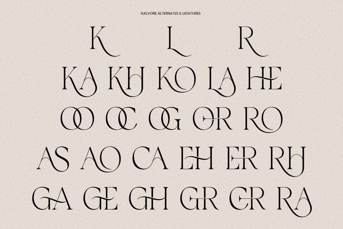 Galvore serif font showing alternate characters, ligatures, plus stylistic swaps for letters