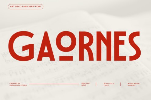 Gaornes Art Deco sans serif font in bold red with multiple weights by Ragamkata Studio
