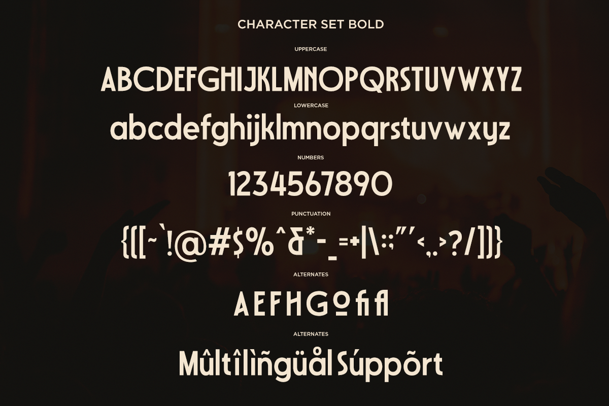 Bold typeface showing uppercase, lowercase, numbers, punctuation, alternates, plus multilingual support