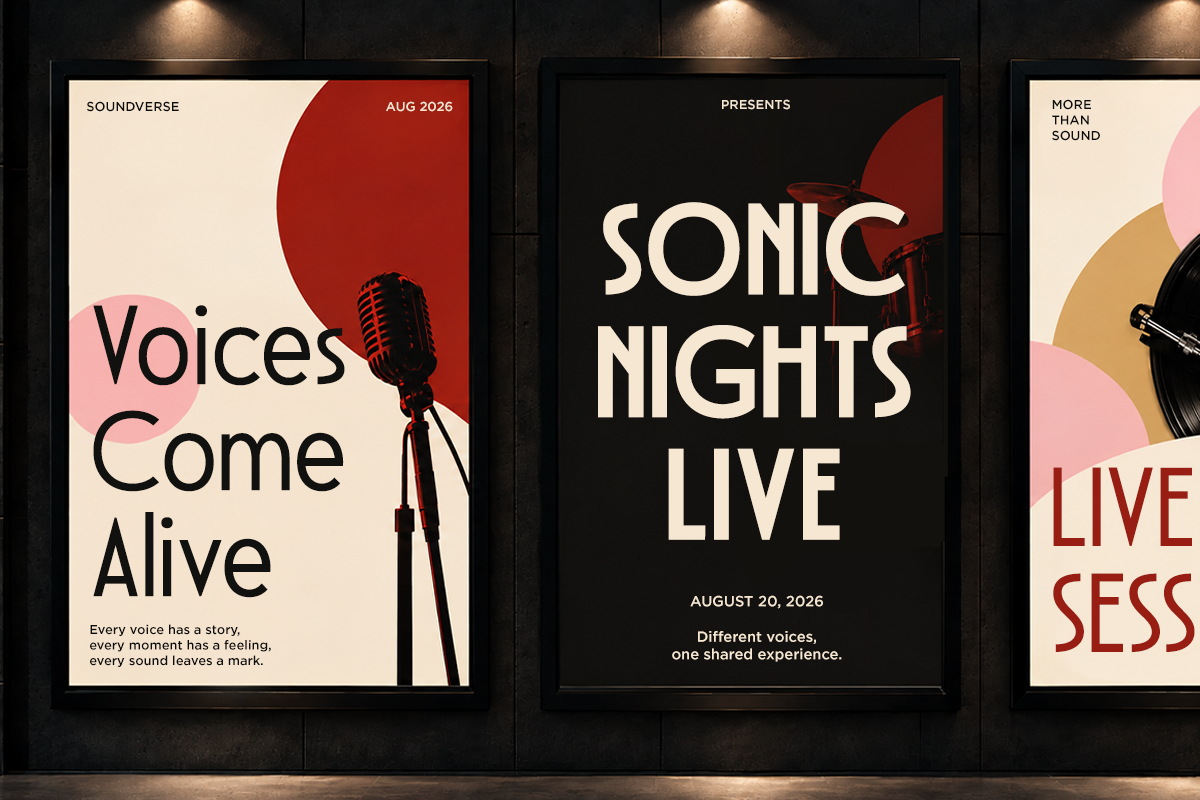 Retro music event posters with vintage microphone, bold typography, red, pink, cream color palette