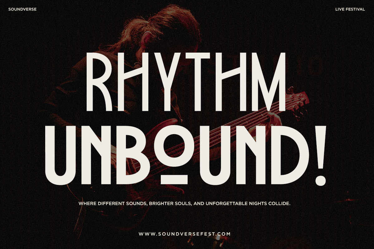 Bold festival poster with musician playing guitar, dark moody vibe, white typography overlay
