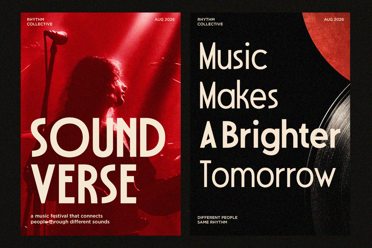 Rhythm Collective music festival poster set with bold red concert photo on left, minimalist black design on right