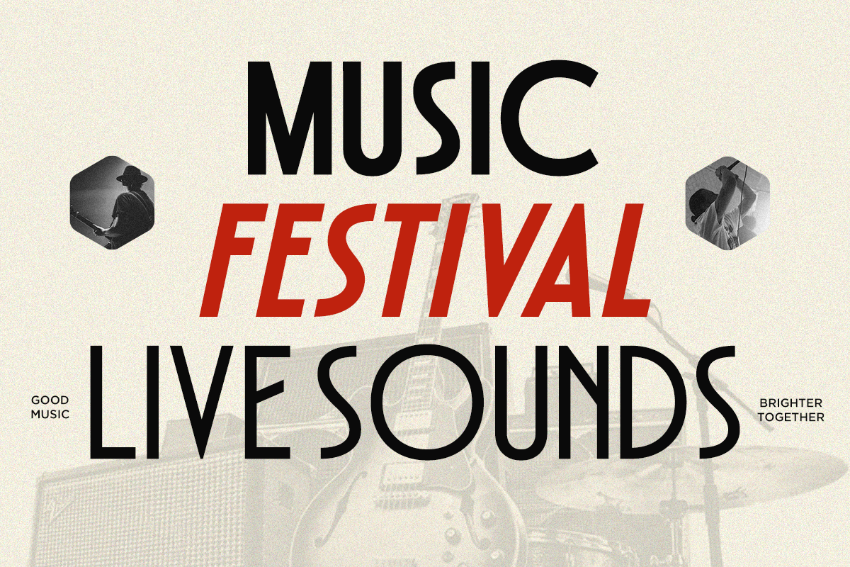 Music festival poster with bold typography, red accent text, hexagon photos, live sound equipment backdrop