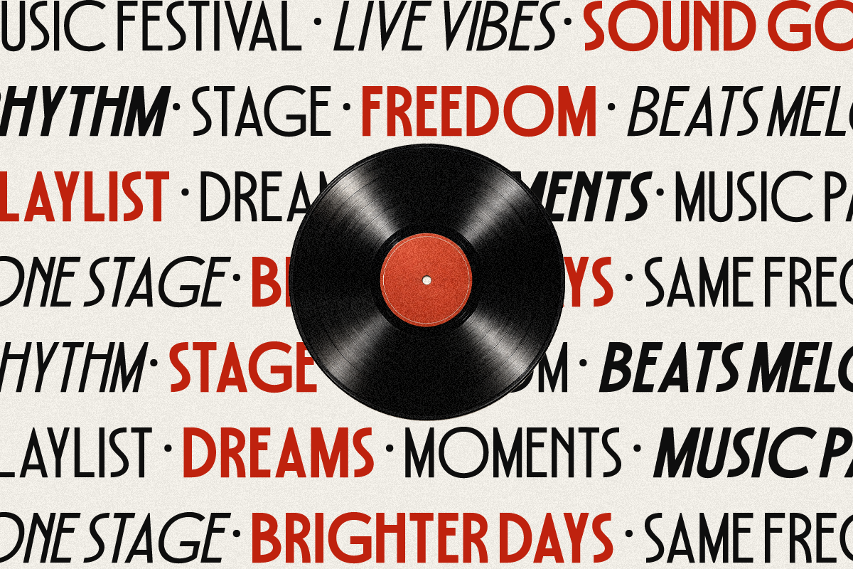 Vinyl record with red label centered on beige background covered in music festival text in black, red, italic fonts