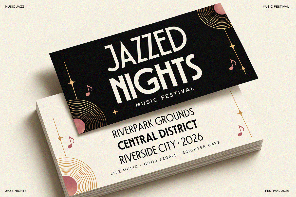 Jazzed Nights festival business card mockup with retro line graphics, gold accents, mauve details on cream background