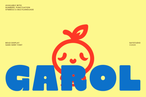 Bright yellow background with chunky blue sans serif letters spelling GARLIC below a cute red apple character with closed happy eyes