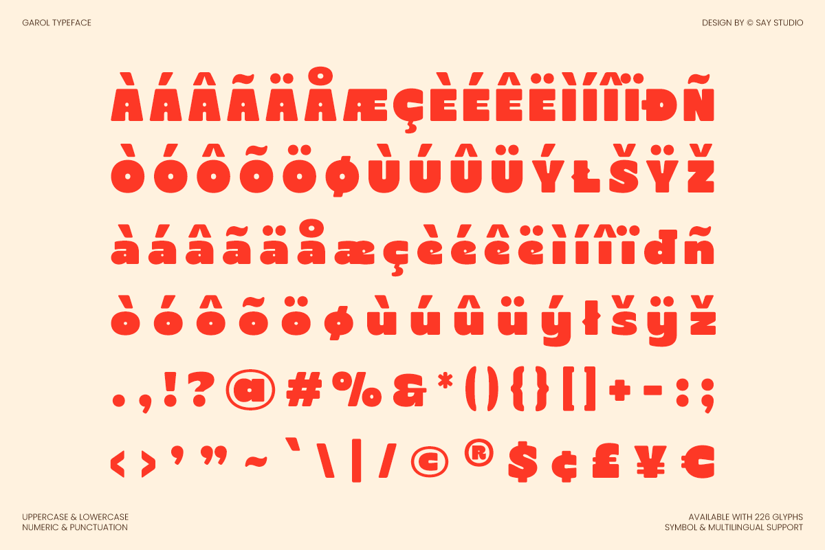 Garol typeface showing bold red letters, numbers, punctuation with multilingual accents on cream background