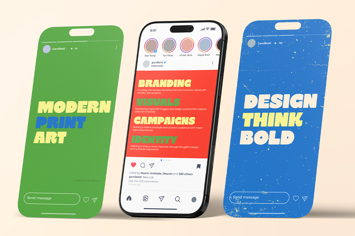 Three phone mockups showing colorful social media feed designs with bold typography in green, red, plus blue with texture overlay