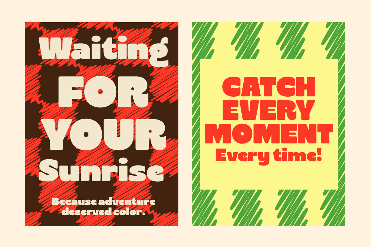 Two retro poster designs with bold typography, one red plaid with cream text, one yellow with green diagonal stripes border in red lettering