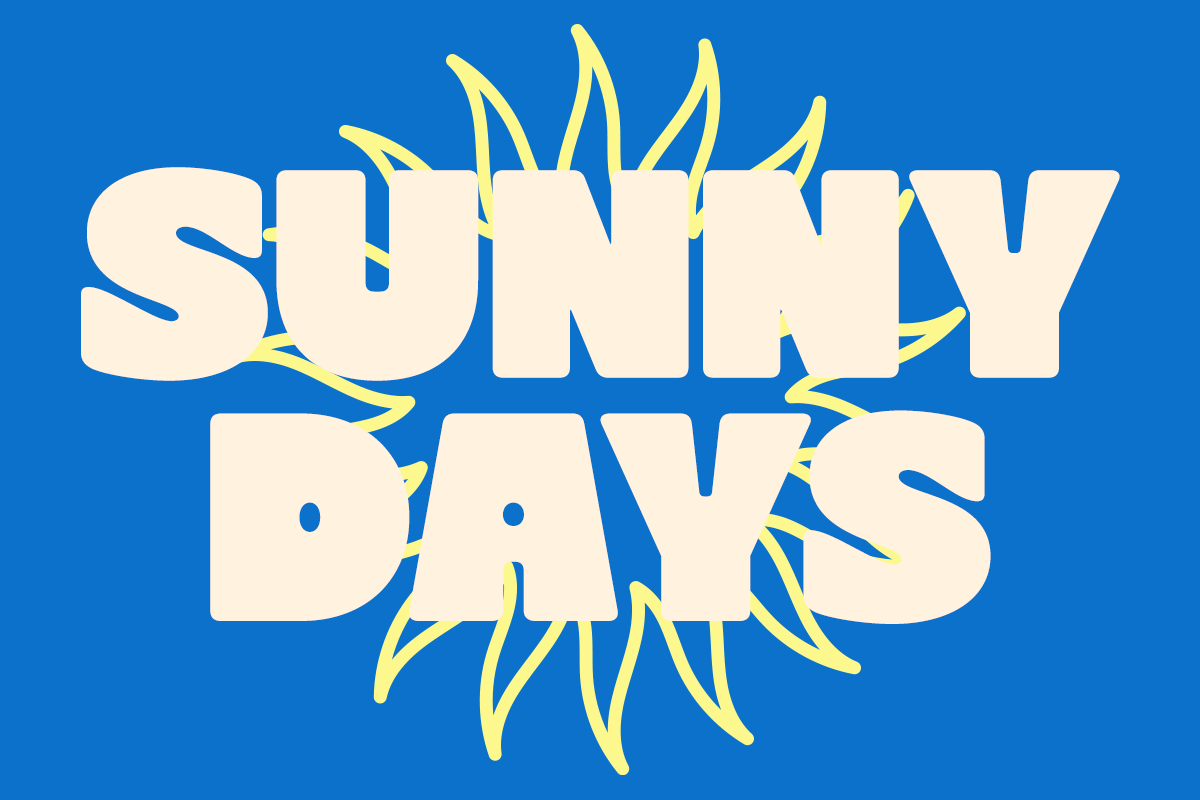 Sunny Days retro typography with yellow spiky sunburst on bright blue background