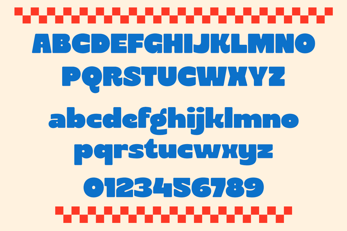 Bold blue sans serif font with uppercase, lowercase, numbers on cream background with red squares