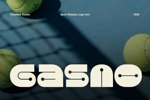 Cream rounded sans serif with geometric line details over tennis balls on blue court