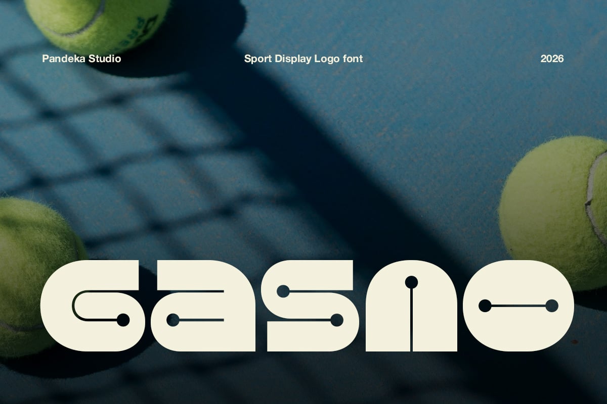 Cream rounded sans serif with geometric line details over tennis balls on blue court