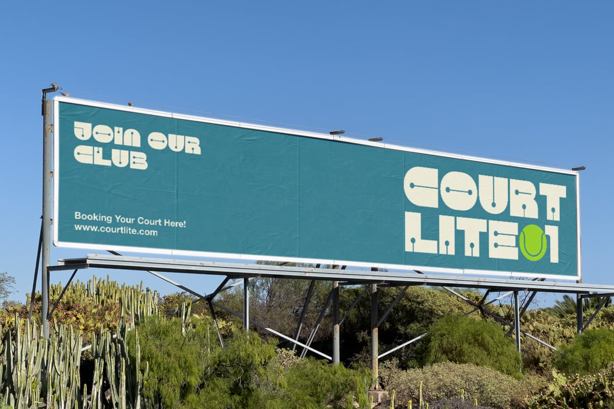 Tennis court booking service billboard with teal background, cream typography, lime green ball icon, desert landscape below