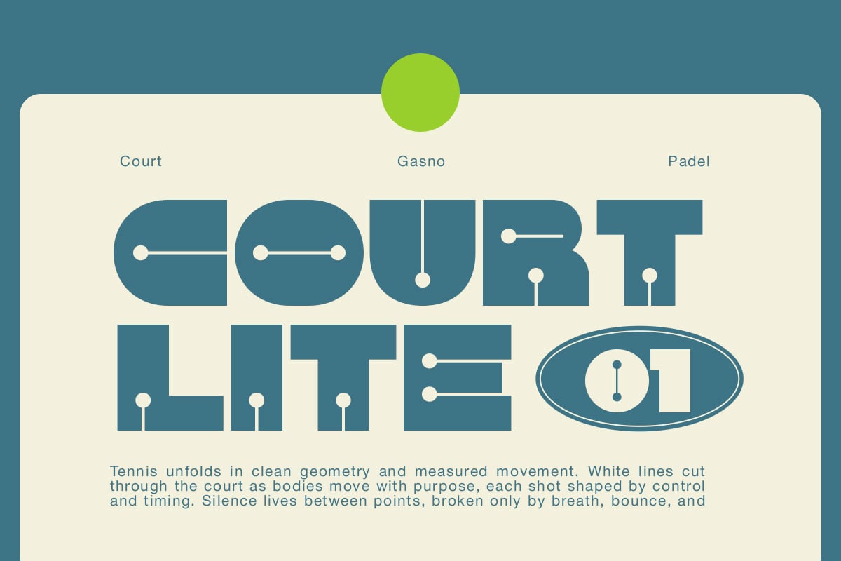 Court Lite poster with geometric typography, white connection lines, lime circle accent