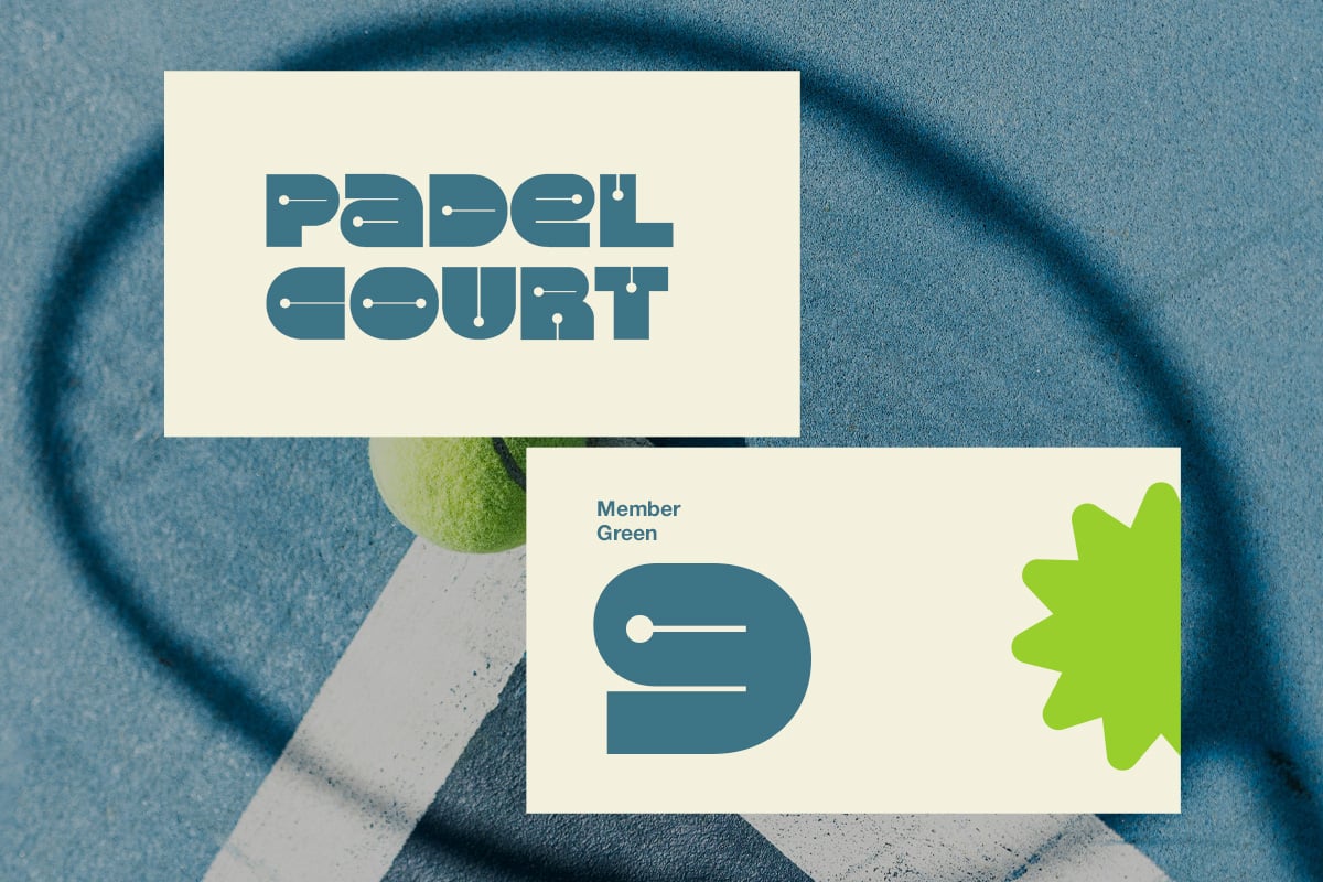 Paddle Court branding mockup with cream cards on blue textured background, lime accent