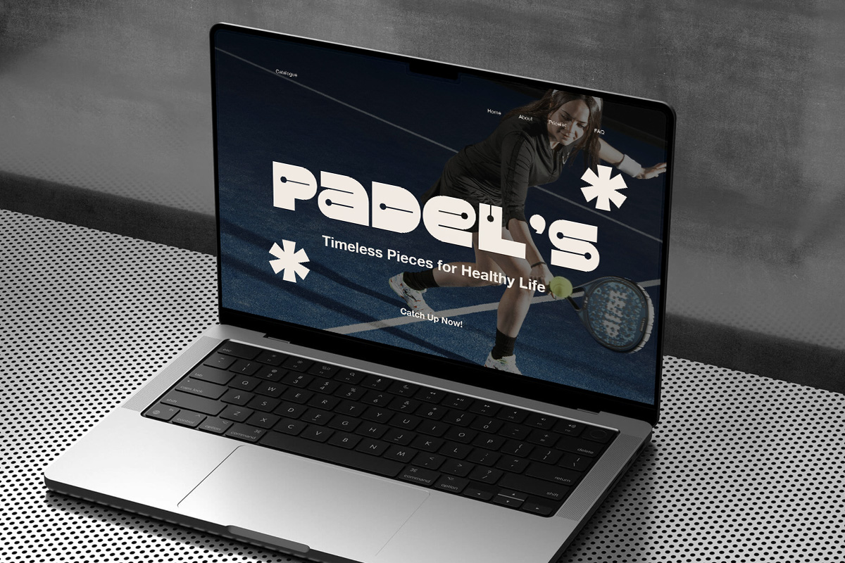 Laptop mockup showing sports wellness website with bold typography, athlete photo, dark blue background