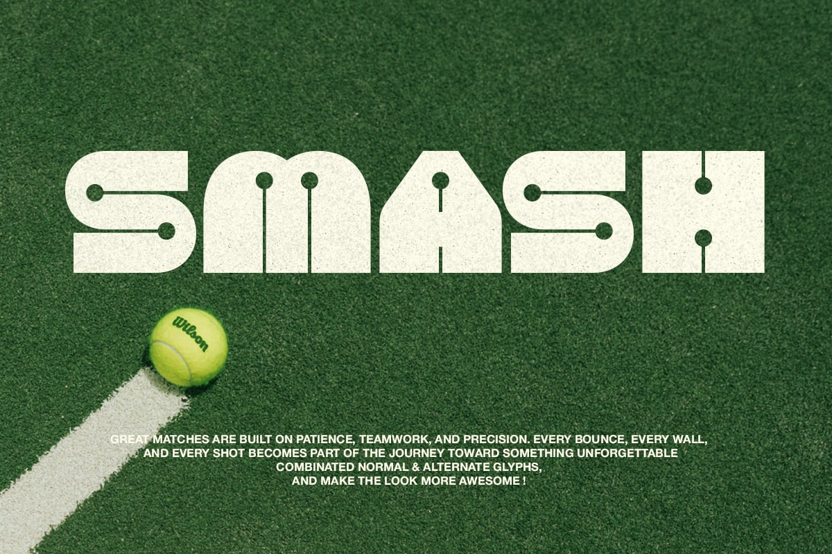 Cream tech-style numbers on green tennis court with Wilson ball on sideline