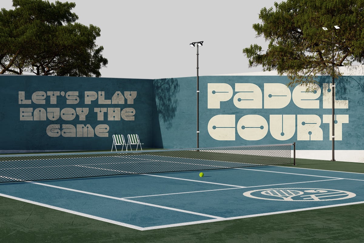 Retro tennis court scene with bold type on blue walls, net, ball, chairs, trees