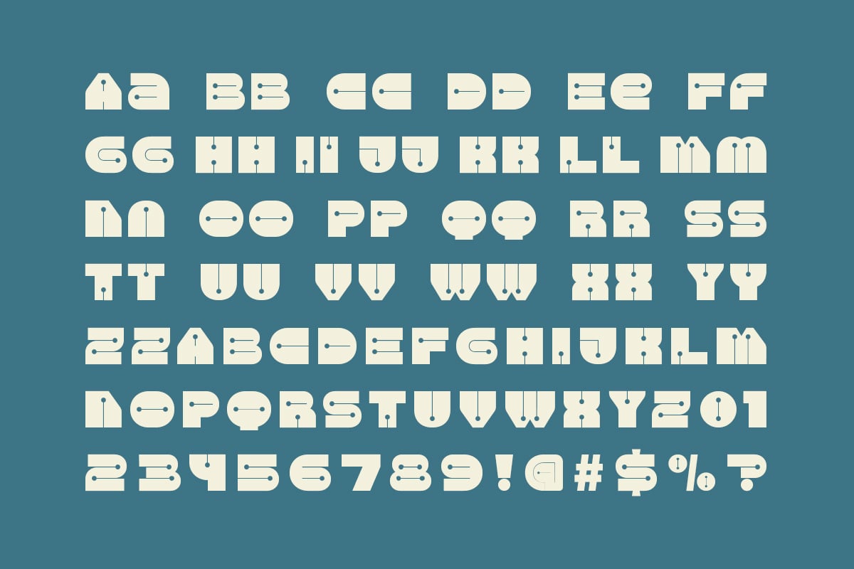 Retro geometric typeface with rounded letters, numbers, plus symbols on teal background