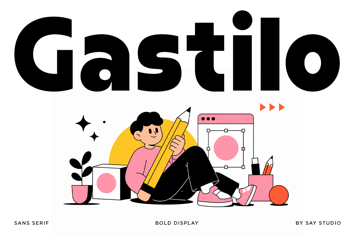 Gastilo sans serif font with designer character holding giant pencil surrounded by creative tools