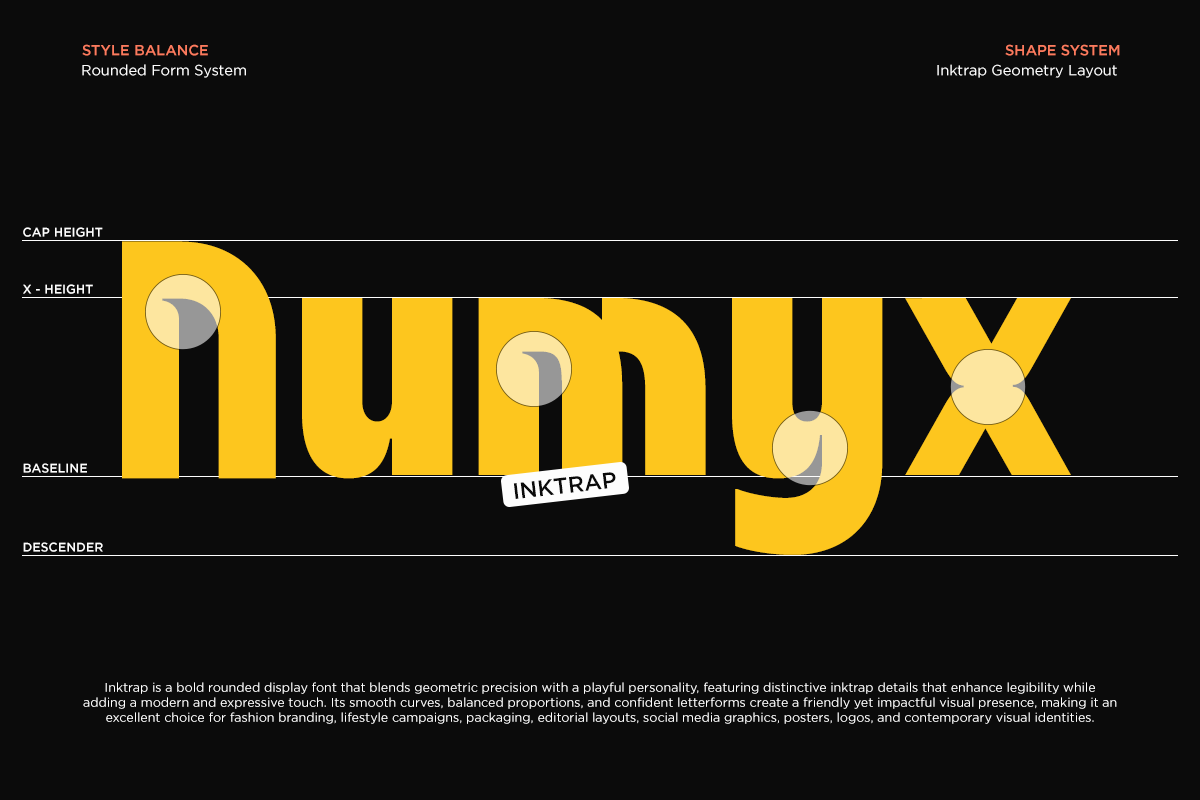 Inktrap typeface in bold yellow with geometric circles, showing typography measurements on black