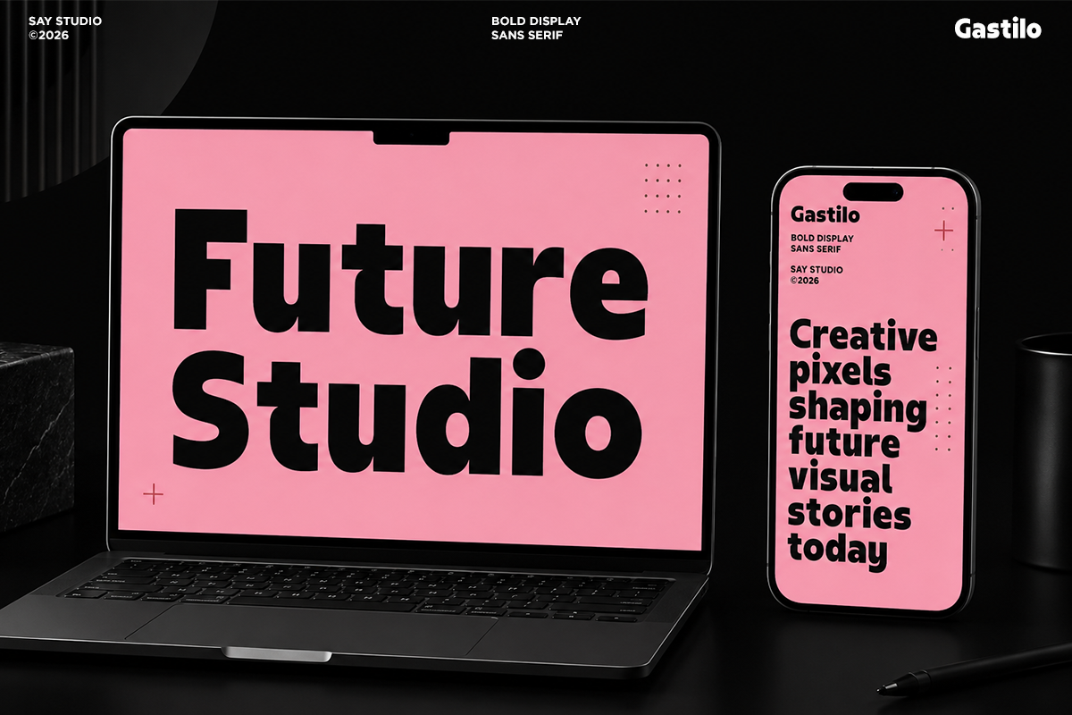 Gastilo font displayed on laptop with pink screen plus matching phone mockup showing bold sans serif typography