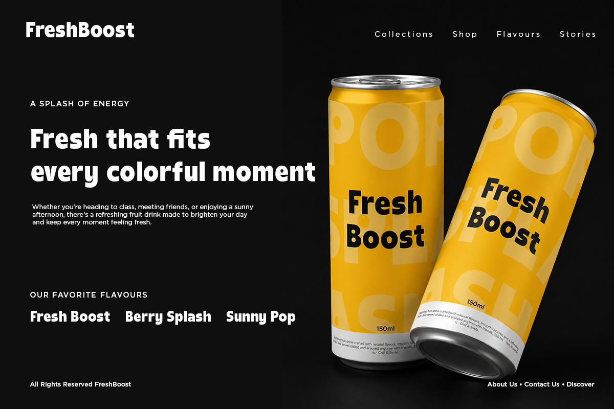 Bright yellow beverage cans with bold branding on dark background mockup