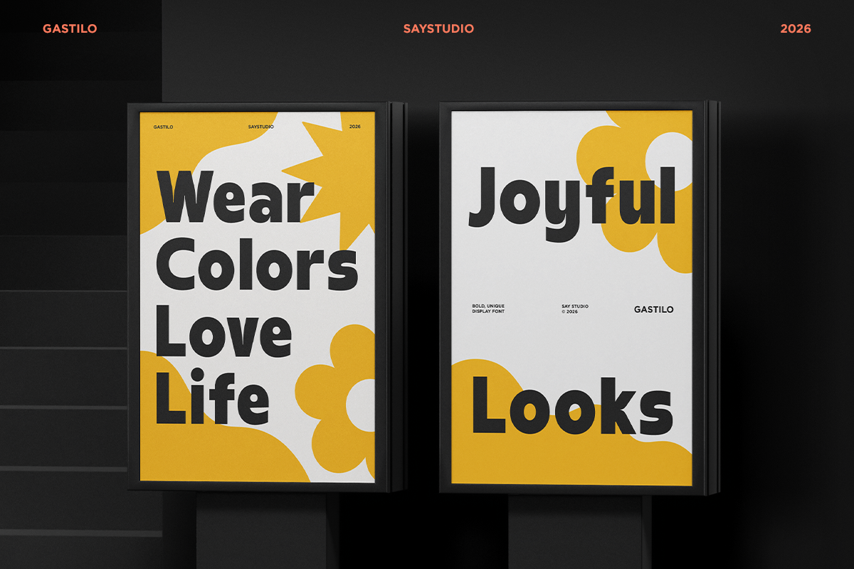 Two open books with bold black typography on yellow, white, cream backgrounds with organic blob shapes, displaying "Wear Colors Love Life" plus "Joyful Looks"